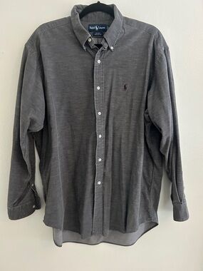 Ralph Lauren Men's Button-Down Shirt in Charcoal with Maroon Pony The Blake Larg